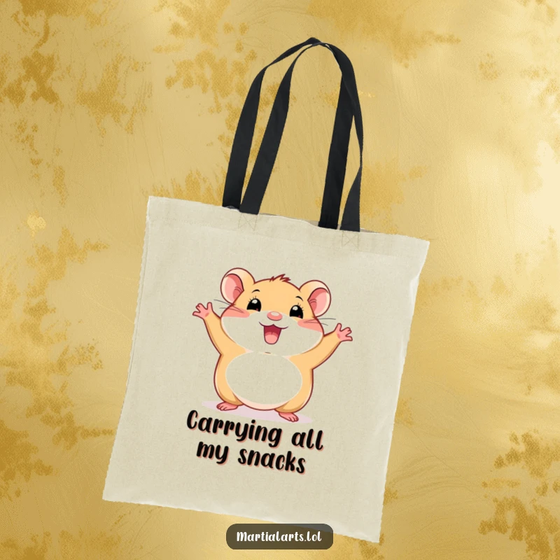 Funny hamster tote bag of a happy creature in a wide, energetic stance, great for carrying items with zest.