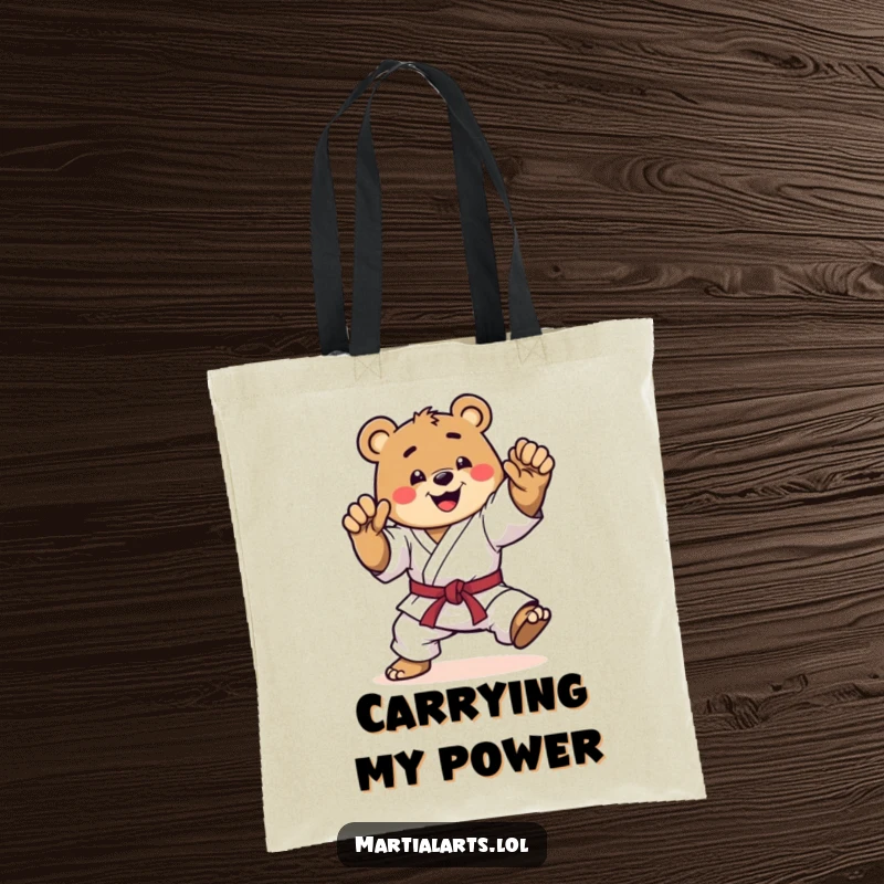Funny karate bear tote bag, a happy bear in a dynamic mid-kick, ready to carry your essentials with martial arts power and a funny grin.