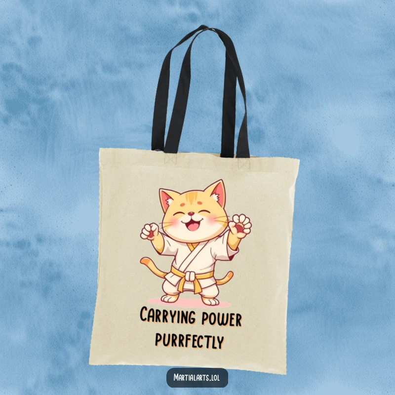 Funny Tote Bag: A happy cat striking a dynamic karate pose, showcasing its agility and adding a humorous touch to errands.