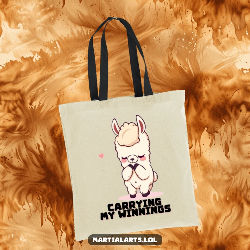 Funny tote bag illustrating a content llama bowing respectfully after a mock fight, symbolizing peaceful resolution.