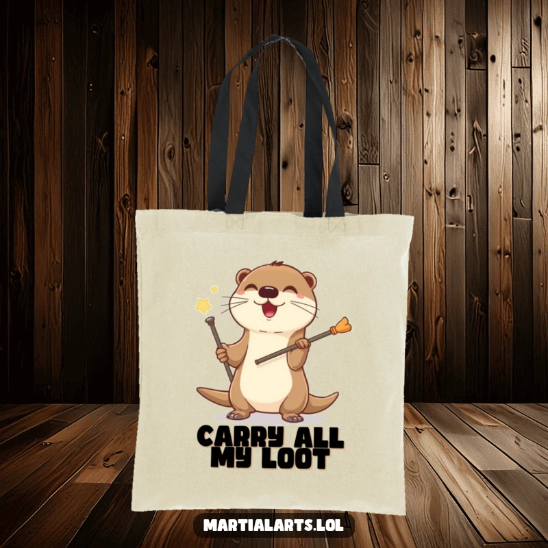 Funny Otter Staff Tote Bag with a happy otter spinning a staff, perfect for humorous, stylish carrying.