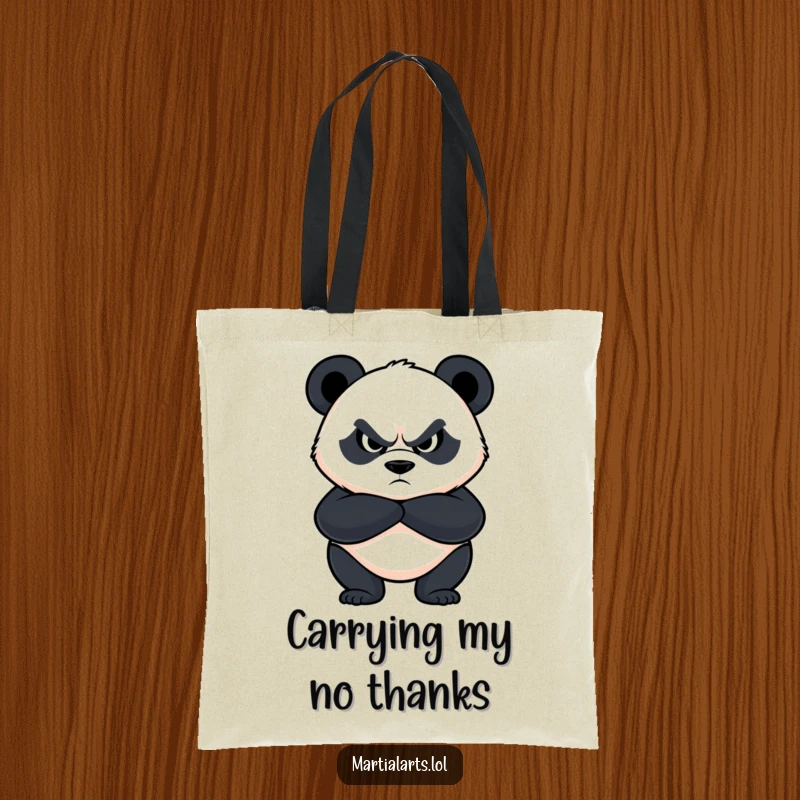 Funny panda tote bag featuring a determined panda with arms crossed and a fierce expression, ready to guard your belongings humorously.