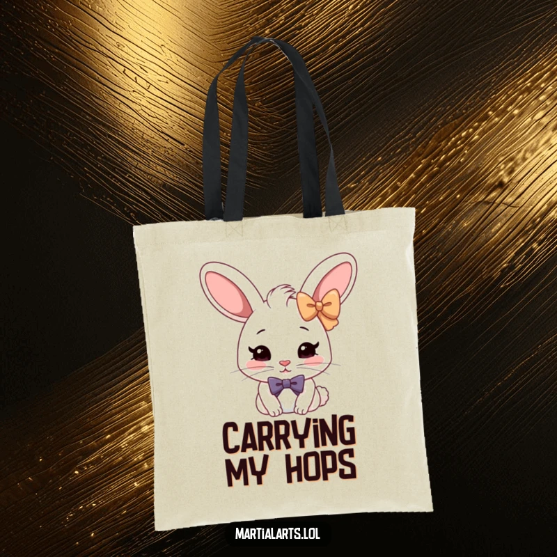 Funny Rabbit Bow Tote Bag: A cheerful rabbit in a deep, formal bow, ideal for carrying books or groceries.