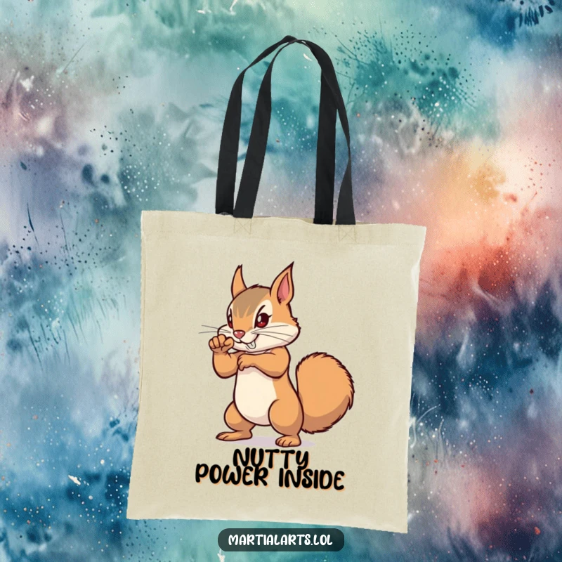 Funny Squirrel Punch Tote Bag with a determined squirrel practicing a punch, perfect for humorous, strong carrying.