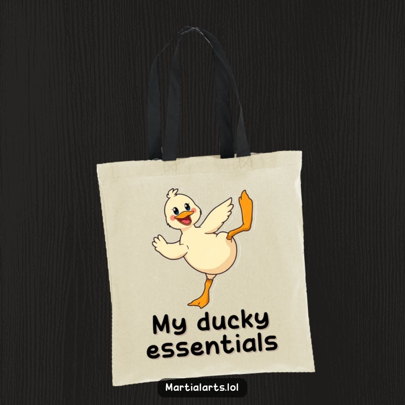 Funny Duck Tote Bag: A cheerful duck performing a dramatic flying kick, perfect for carrying items with humor.