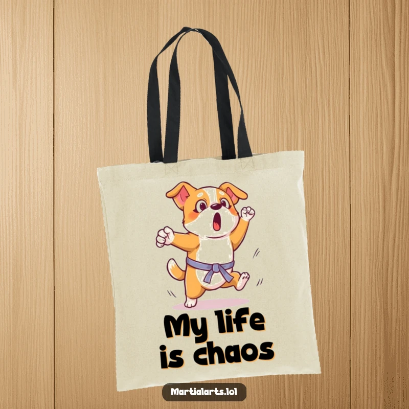 Funny Dog Martial Arts Kick Tote Bag: A surprised dog attempting a funny kick, great for shopping or carrying dog park essentials.