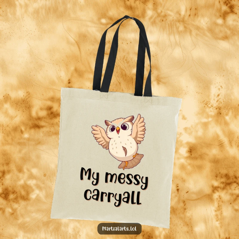 Funny tote bag showcasing a startled owl tumbling mid-leap, ideal for carrying items with a humorous touch.