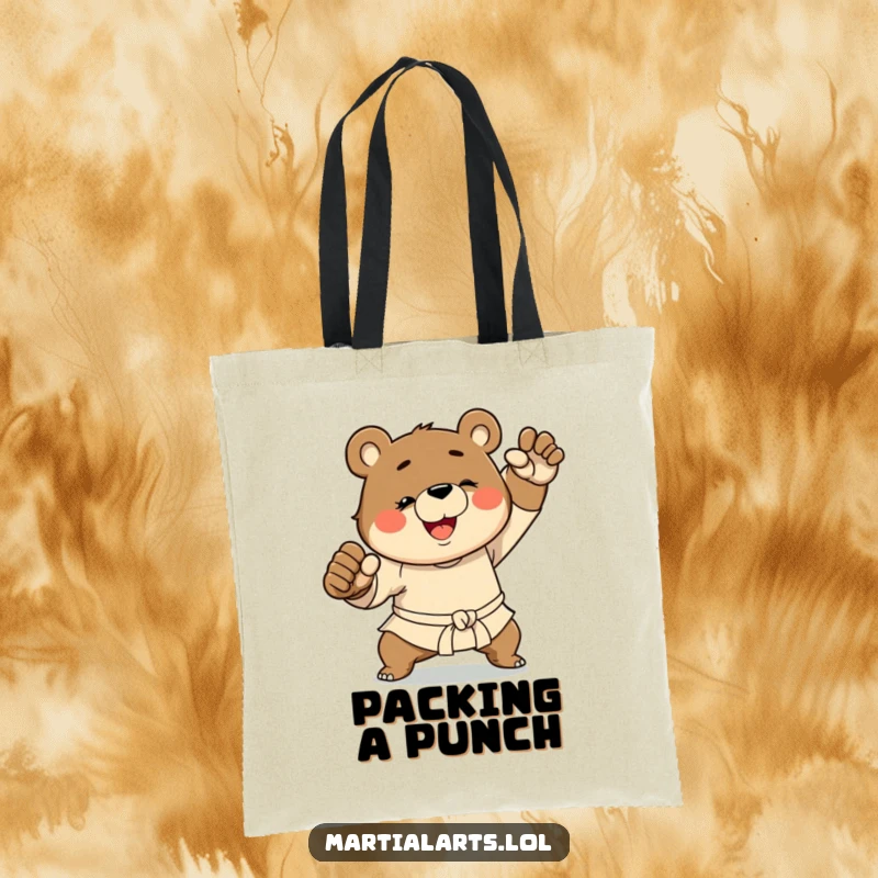 Funny Bear Martial Arts Tote Bag: A bear striking a martial arts pose, ready to carry your items with a side of humorous might.
