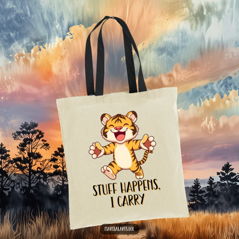 Funny tote bag with a joyful tiger in a leaping pose, great for shopping or everyday use, with a fun vibe.