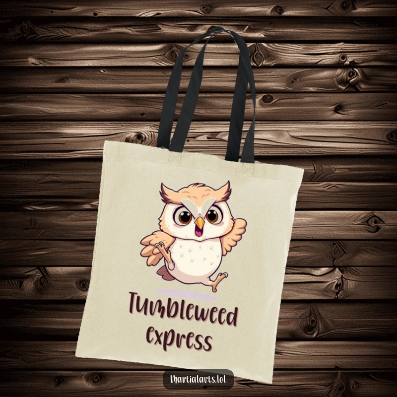 Funny startled owl tote bag depicting a surprised owl tumbling, great for shopping.